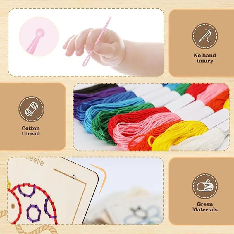 Brinquedo de Costura em Madeira Montessori – Atividade Sensorial e Motora para Crianças