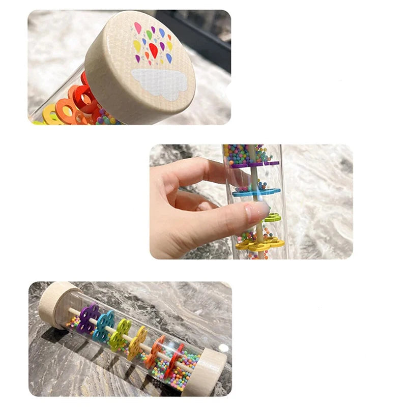 Brinquedo Montessori Chocalho Chuva de Cores – Bastão Sensorial Musical para Bebês